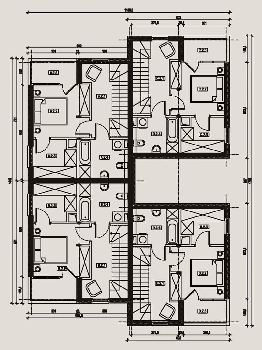 Grundriss zweites Obergeschoss mit Elternbereich und Loggia je Einheit
