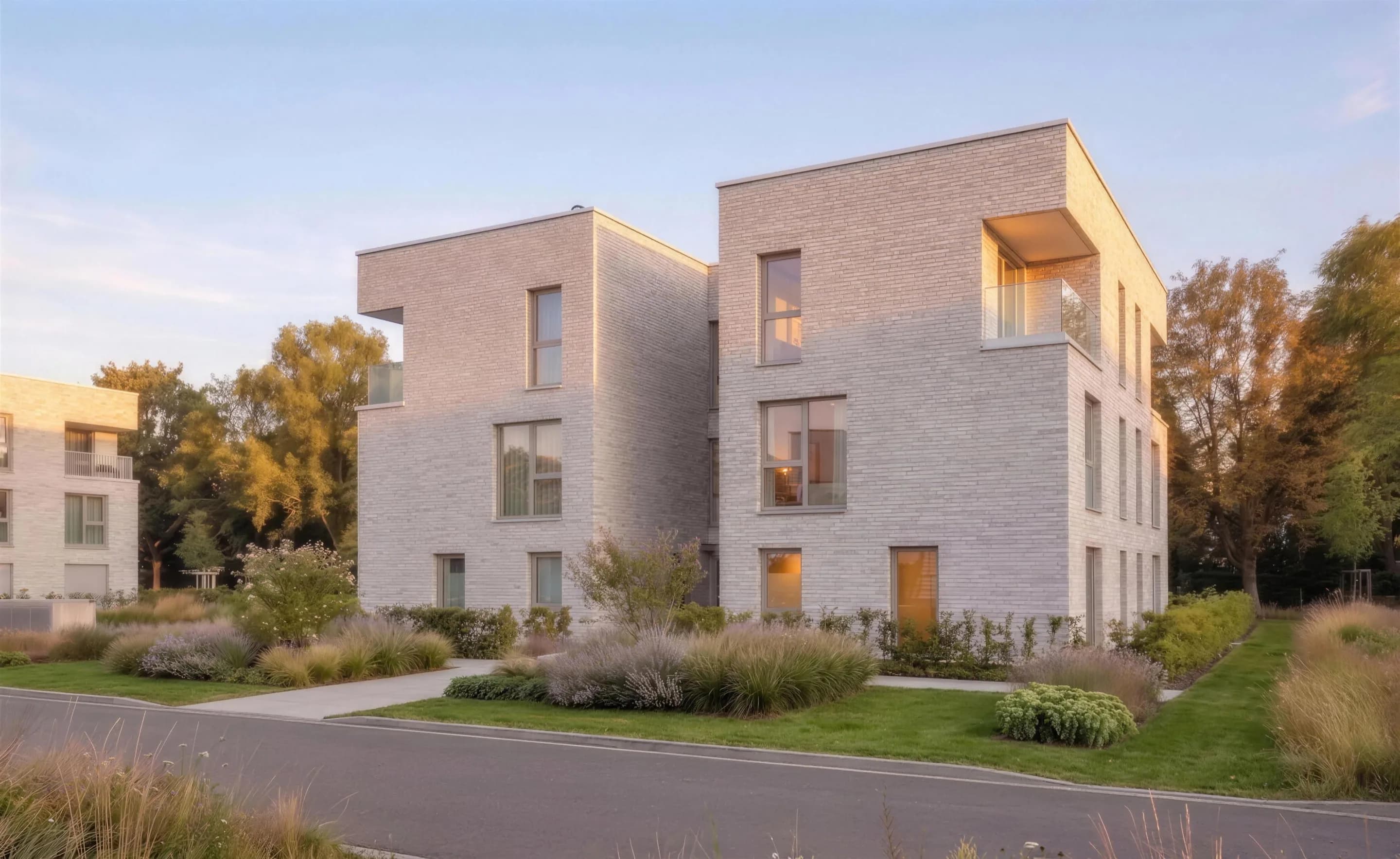 Derselbe Baukörper mit Klinkerfassade, Blick auf die Eingangsseite im Abendlicht
