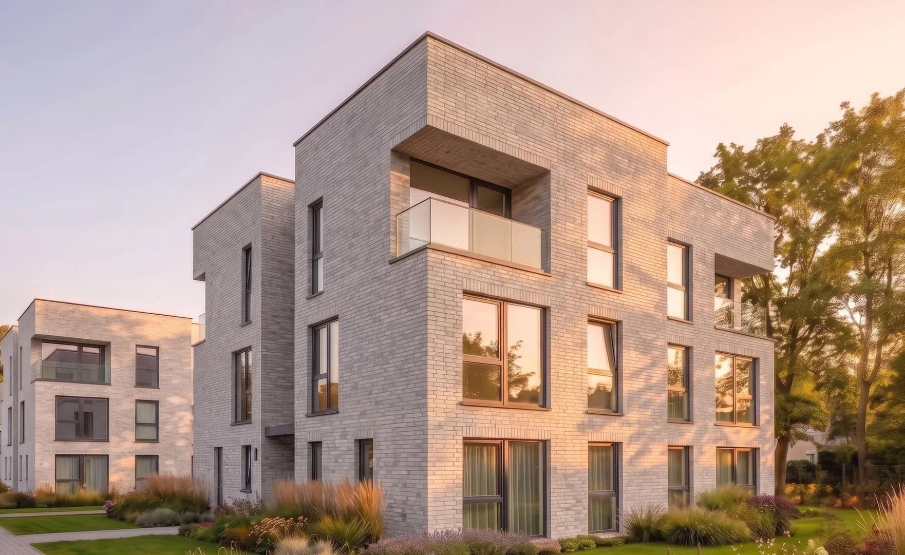 Seitenansicht des Konzeptentwurfs mit Klinkerfassade und versetzten Baukörpern