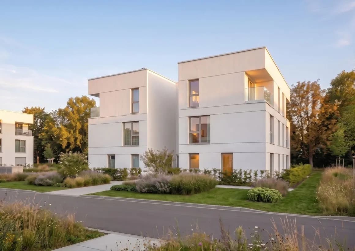Konzeptentwurf mit heller Putzfassade, Blick auf die Eingangsseite mit Loggien