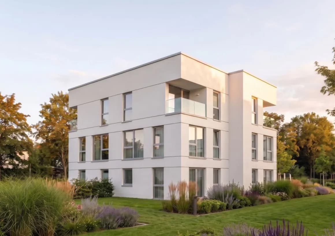 Konzeptentwurf mit Putzfassade von der Gartenseite, bodentiefe Fenster und Terrassen