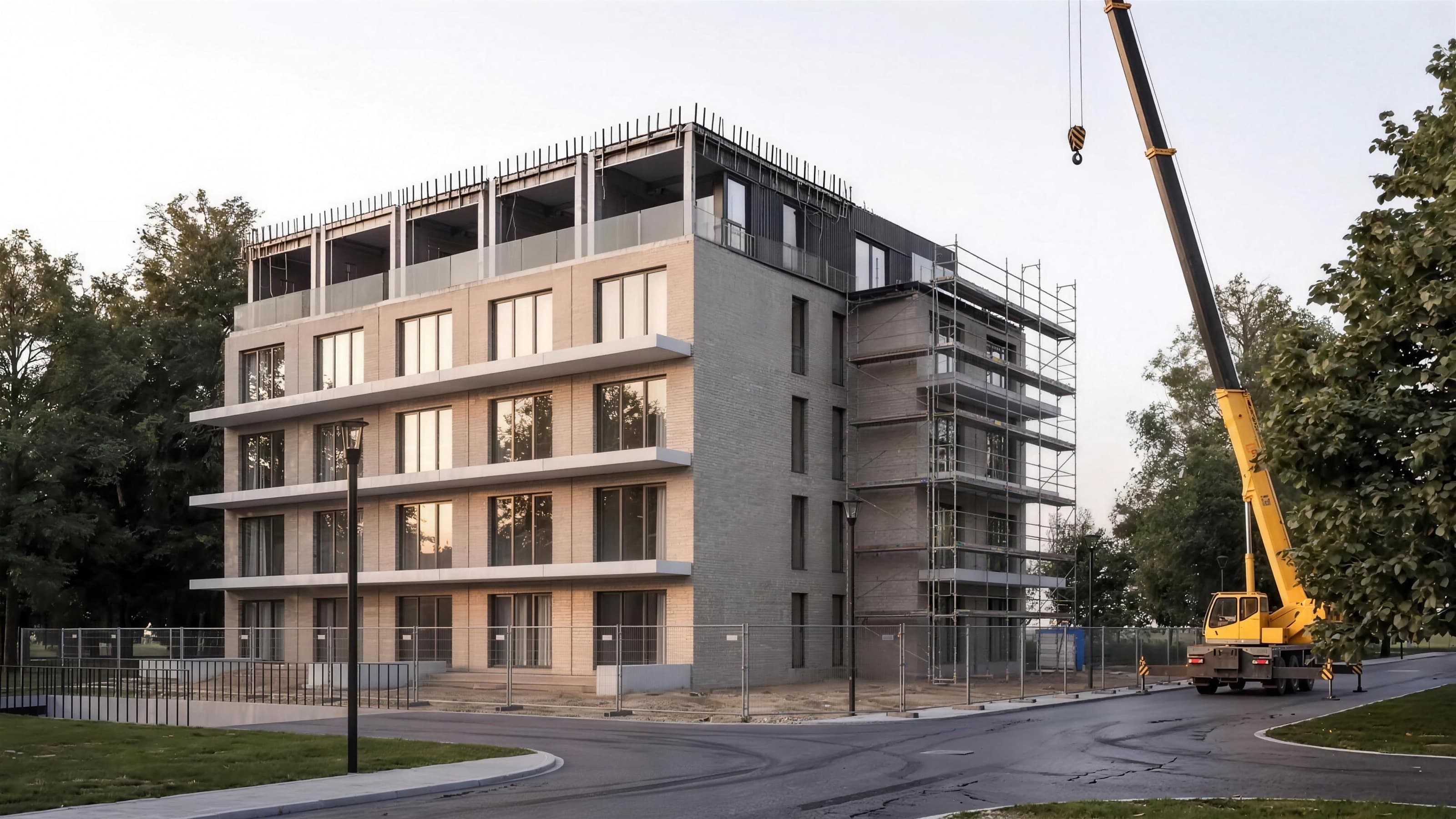 Gebäude im Aufbau: die fertigen Module stehen bereits mit Fassade und Balkonen übereinander, der Autokran setzt das nächste Geschoss