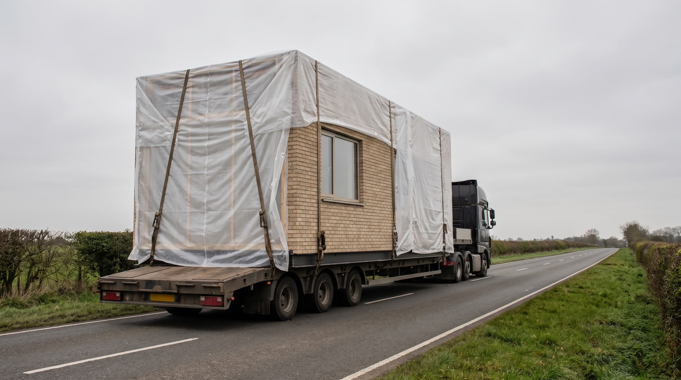Tieflader transportiert ein verpacktes fertiges Raummodul bei Tageslicht über eine Landstraße
