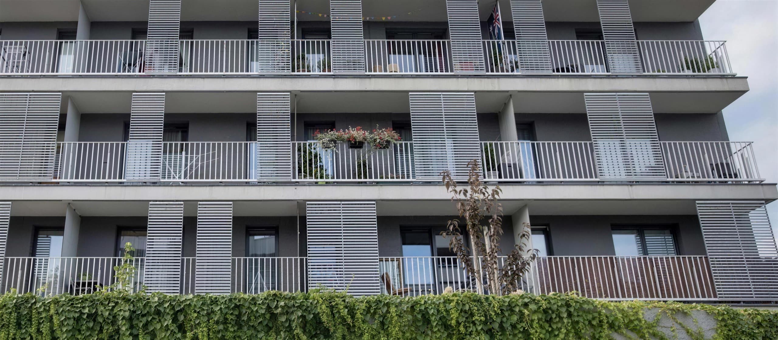 Wohnquartier Lerchenfeld — Wohnfassade mit durchlaufenden Balkonen und Schiebeläden
