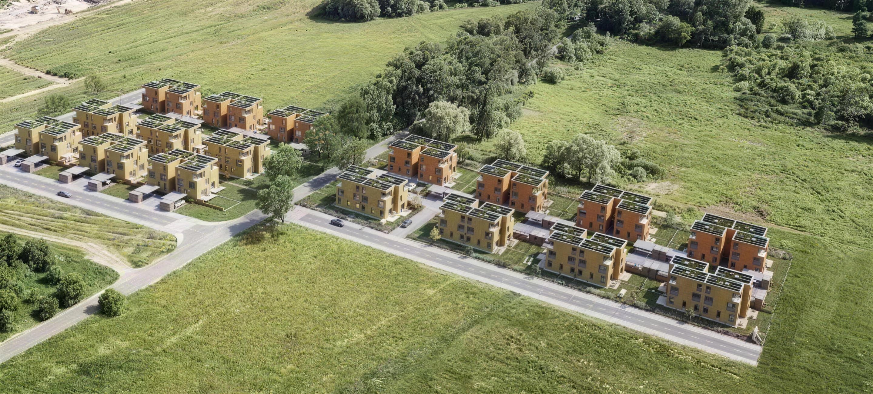 Luftaufnahme des realisierten Wohnparks Wola in modularer Bauweise