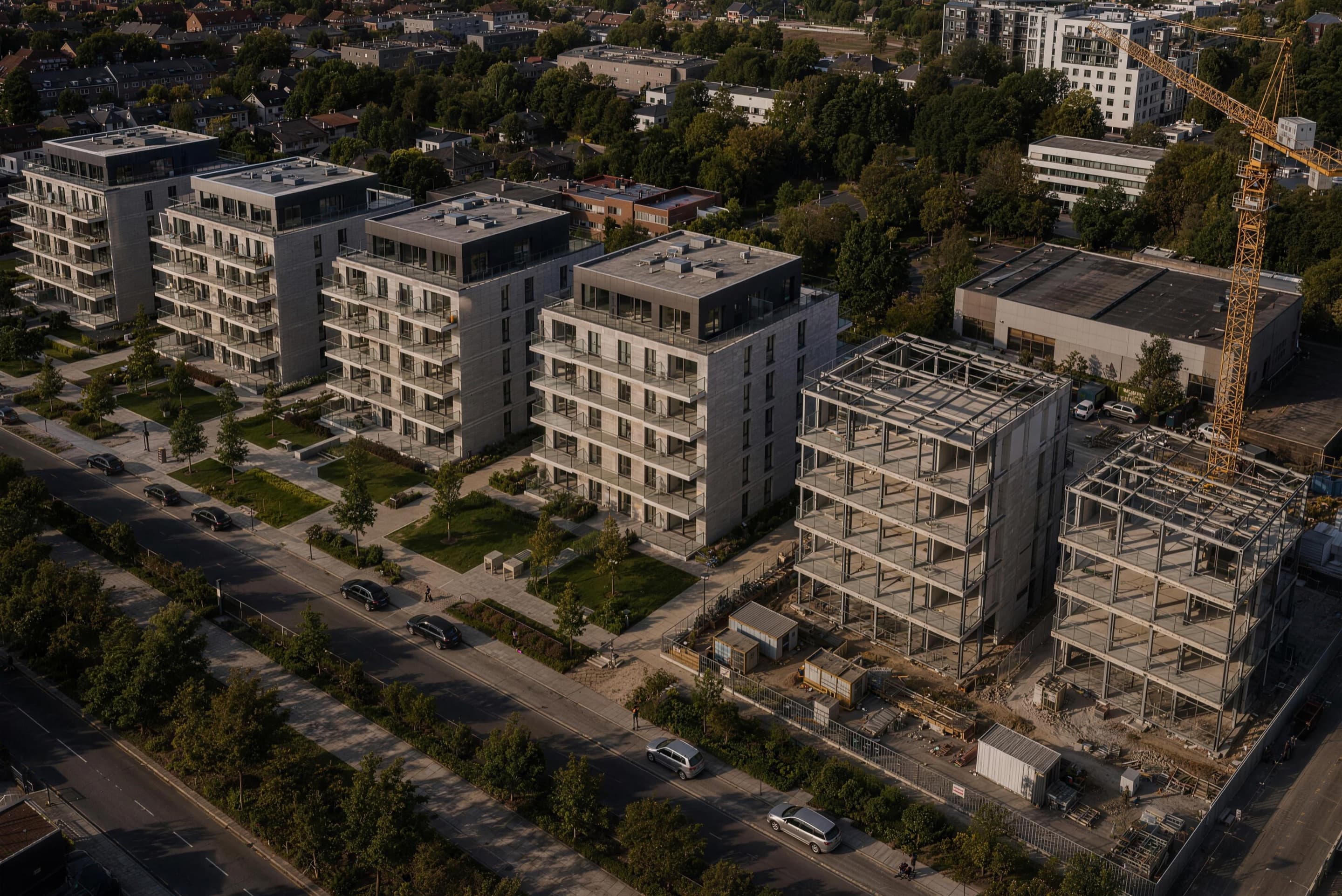 Luftaufnahme eines Quartiers aus gereihten Wohnblöcken, zwei Gebäude noch als Stahlskelett im Bau