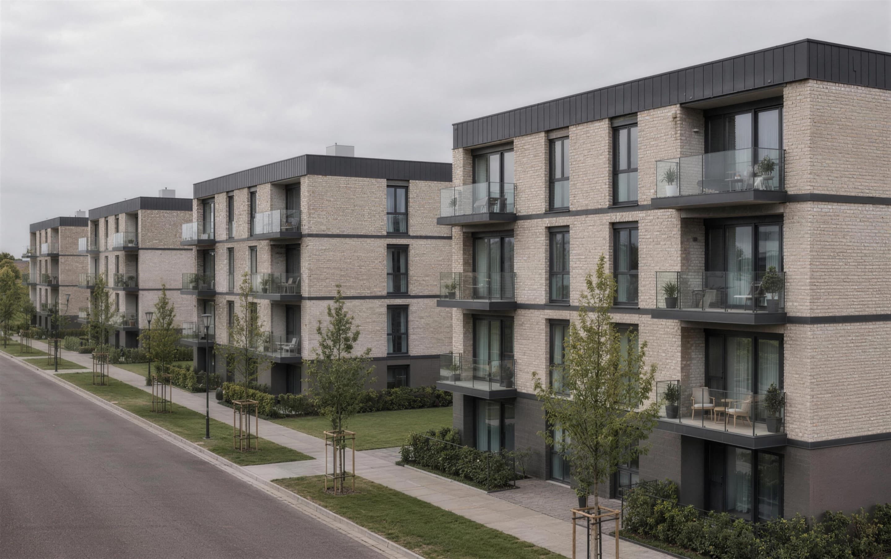 Mehrere fertiggestellte Wohngebäude derselben Modulbauweise in einer Zeile, mit Klinkerfassade und Balkonen