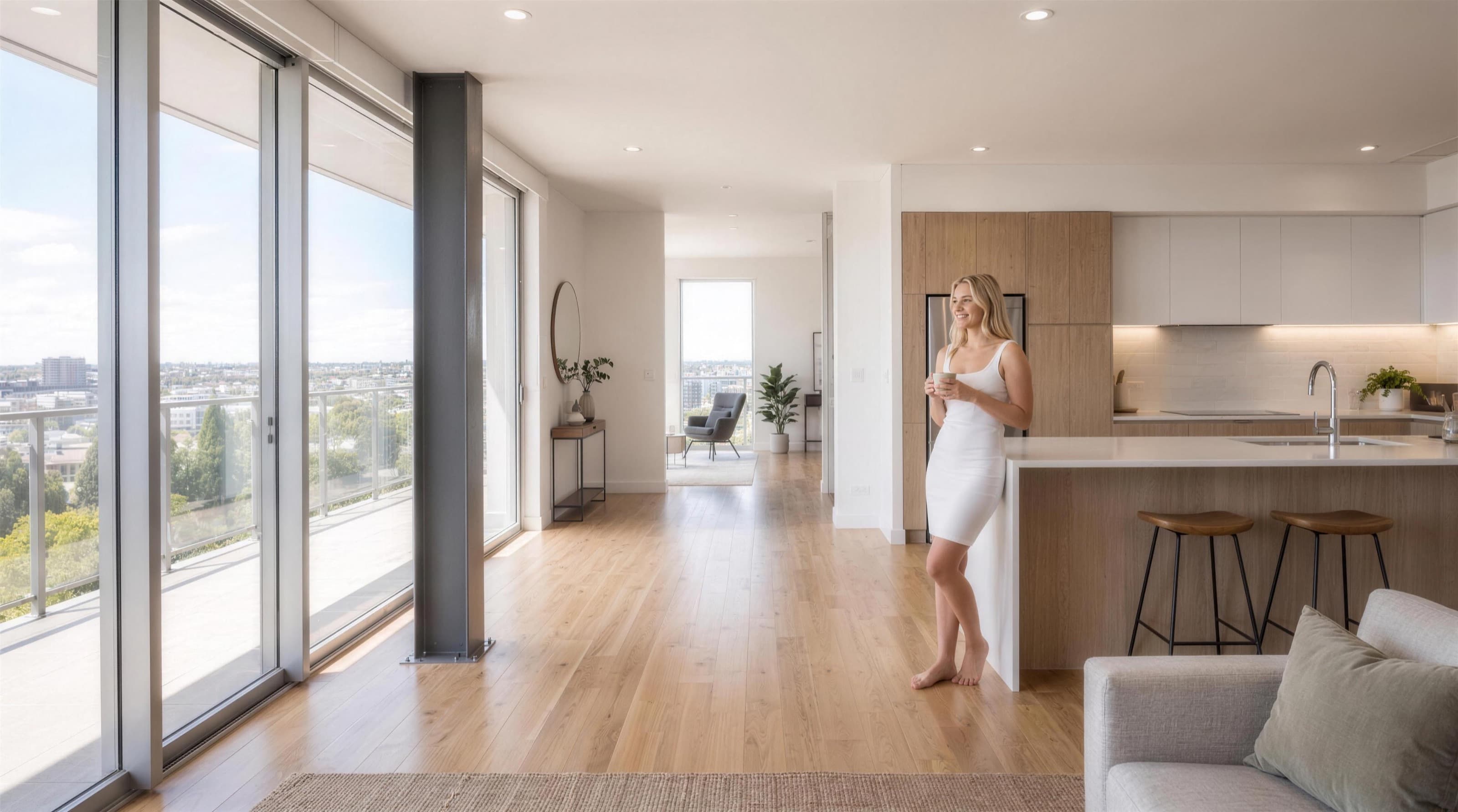 Bezugsfertige Wohnung mit Küche, sichtbarer Stahlstütze und bodentiefen Fenstern